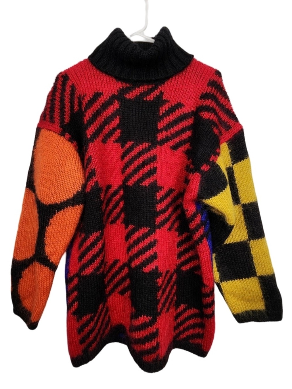 Vintage 90s Mixed Print Maximalist Mohair Blend Turtleneck Long Warm Sweater M/L